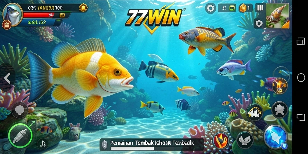 Tampilan gameplay seru di 77WIN dengan berbagai ikan untuk ditembak.