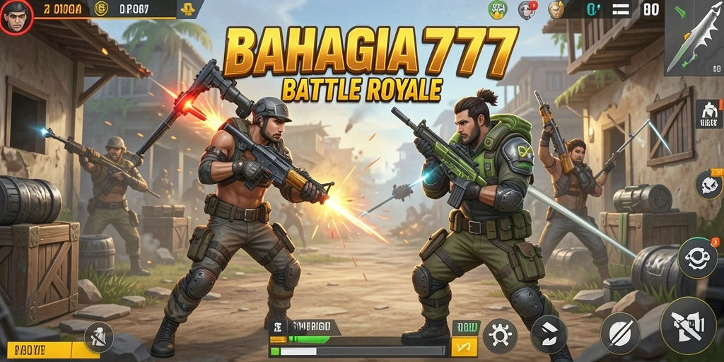 Tangkapan layar BAHAGIA777 menampilkan aksi pertarungan intens dalam Battle Royale.