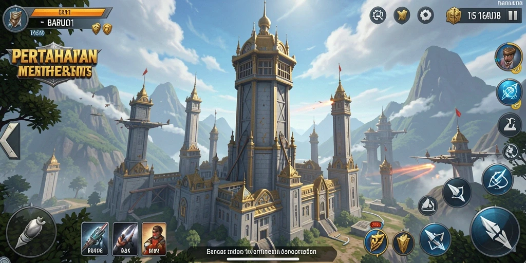 Tangkapan layar dari gameplay BARU01 yang menampilkan menara mempertahankan markas.