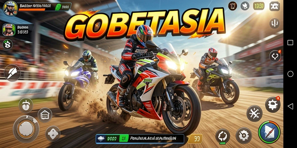 Screenshot GOBETASIA menampilkan balapan motor yang mendebarkan di trek yang seru.