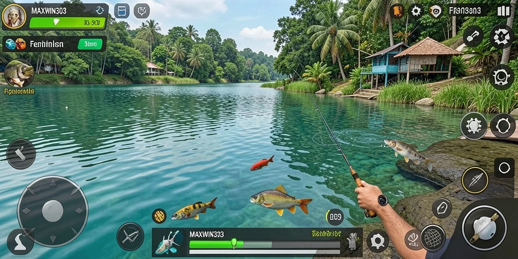 Tampilan gameplay <strong>MAXWIN303</strong> saat menangkap ikan di laut.