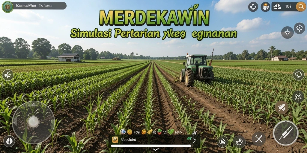 Tangkapan layar gameplay MERDEKAWIN menampilkan ladang yang subur dan aktif.