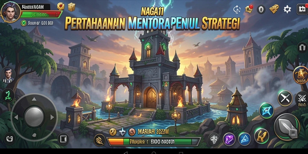 Screenshot gameplay NAGA11 menampilkan pertahanan menara melawan gelombang musuh.