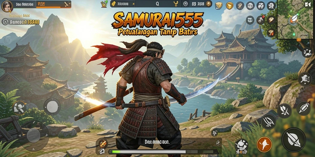Tangkapan layar gameplay <strong>SAMURAI555</strong> menunjukkan petualangan di dunia terbuka yang kaya.