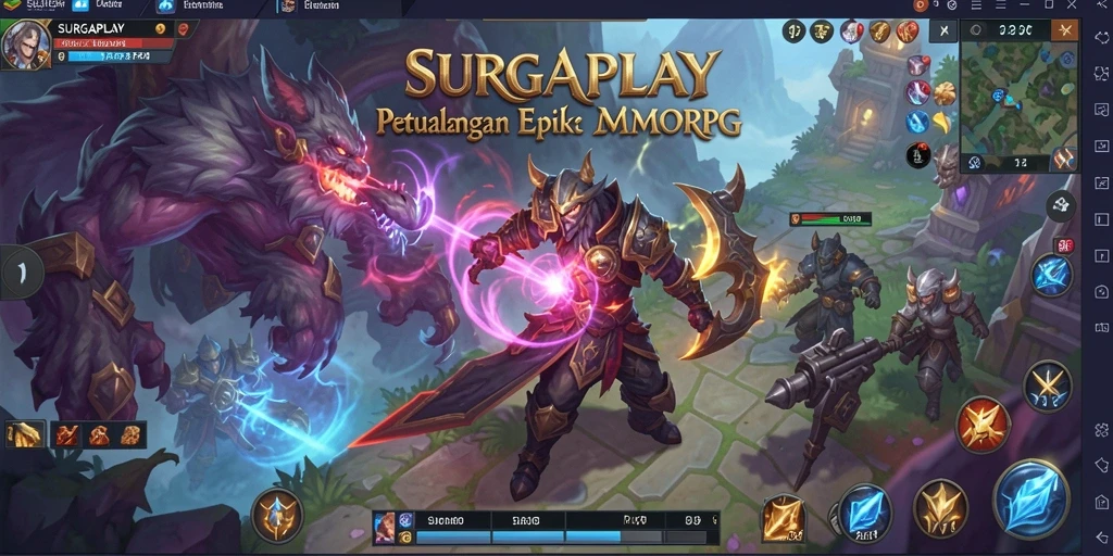 Tangkapan layar utama SURGAPLAY menampilkan pertempuran epik dalam dunia MMORPG.