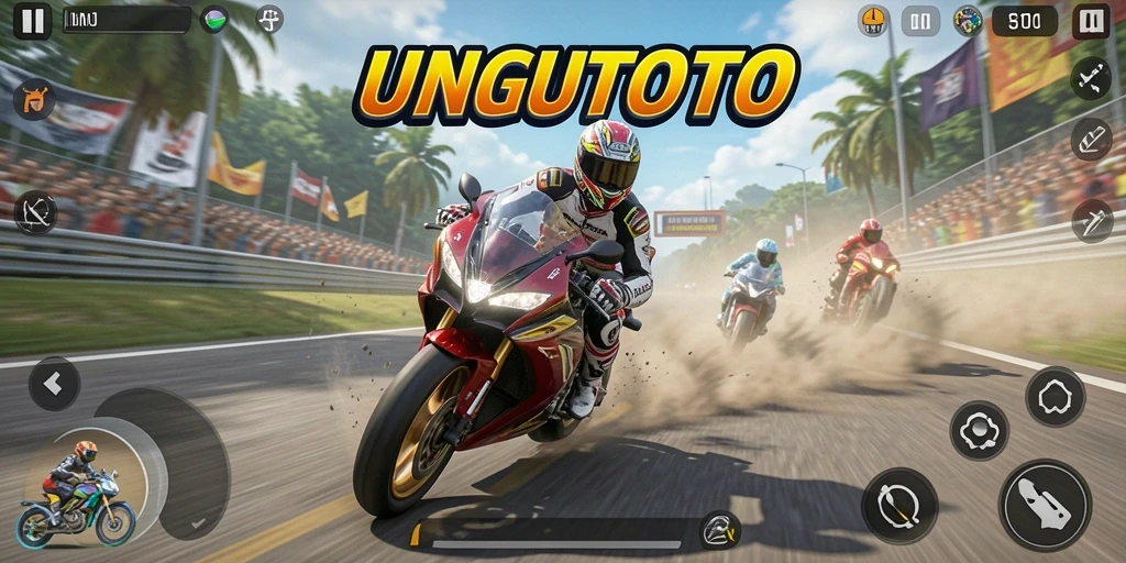 Screenshot UNGUTOTO menampilkan aksi mendebarkan dalam balapan motor.